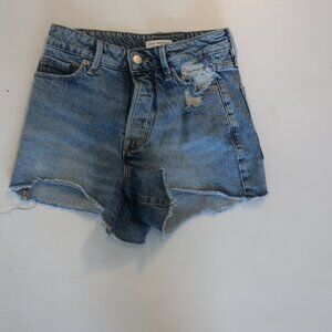 Womens Good American Style- GB802T Blue Distressed Raw Hem Button-Fly Shorts 25
